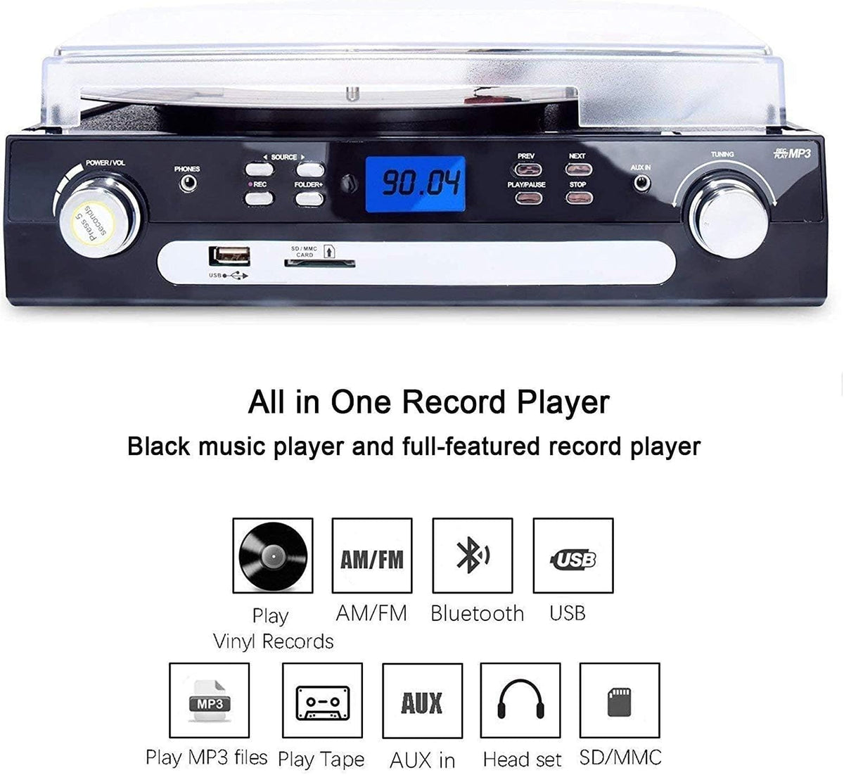 Tocadiscos Bluetooth 7 en 1 con altavoces estéreo, tocadiscos para vinilo a MP3 con reproducción de cassette, radio AM/FM, control remoto, codificación USB/SD, conector de salida de música de