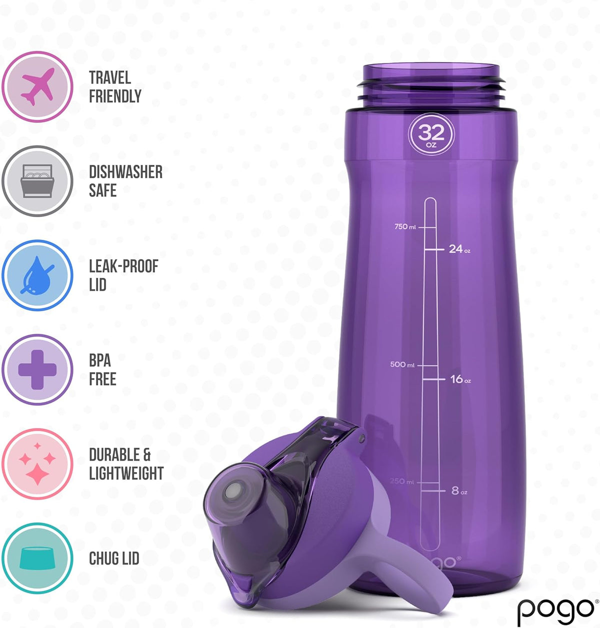 Pogo Botella de agua de plástico sin bisfenol A con tapa con pico de 32 onzas, color morado