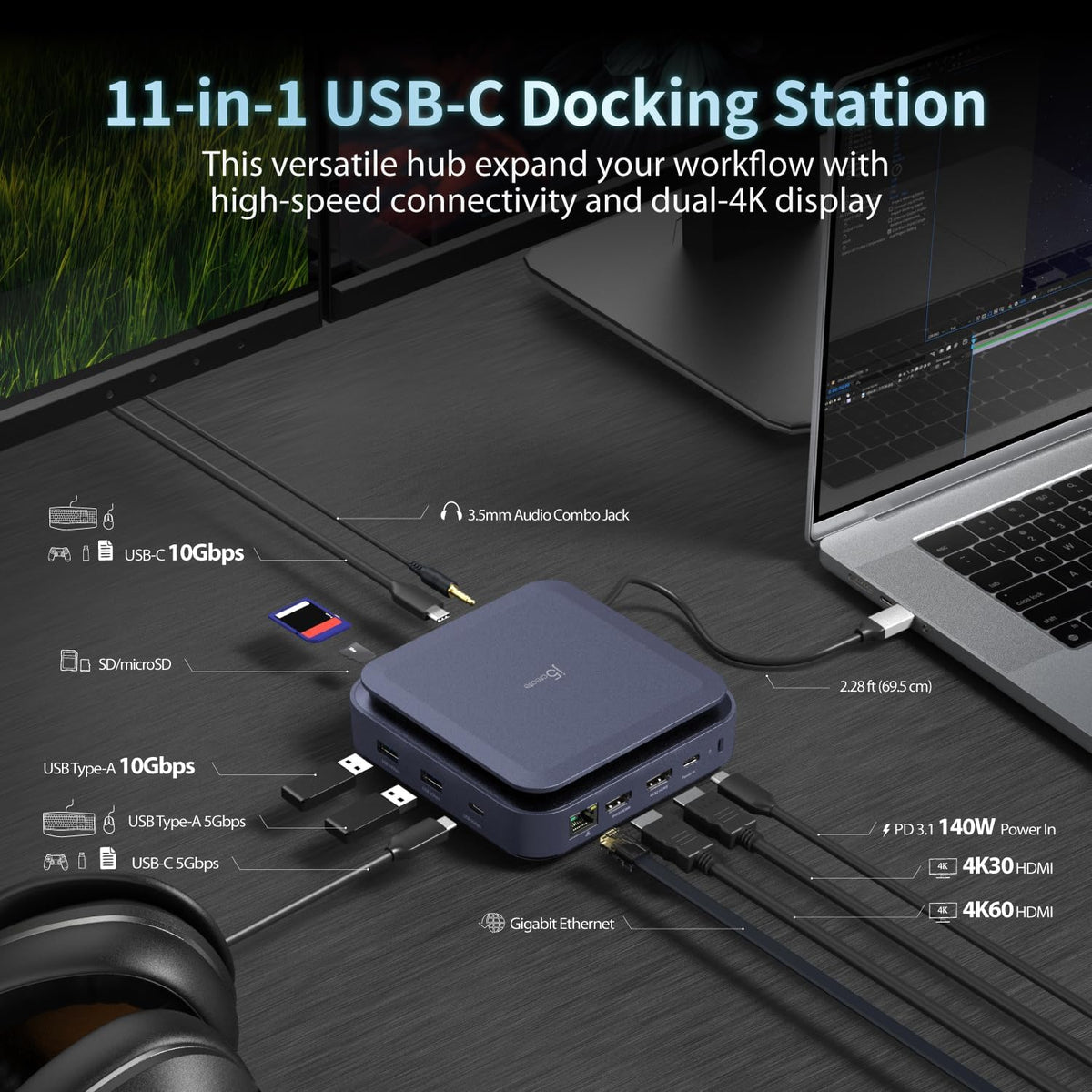 j5create Base USB-C 11 en 1 - Pantalla HDMI 4K dual, USB-A x 2, USB-C x 2