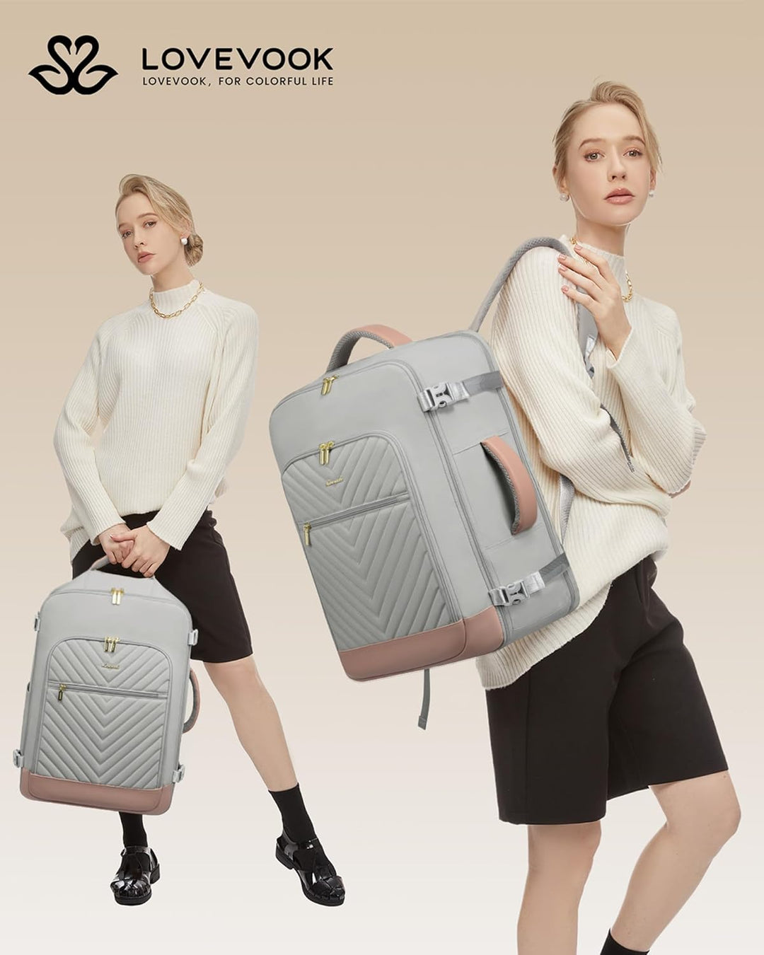 LOVEVOOK Mochila de viaje grande, mochila de mano para aviones, Gri...