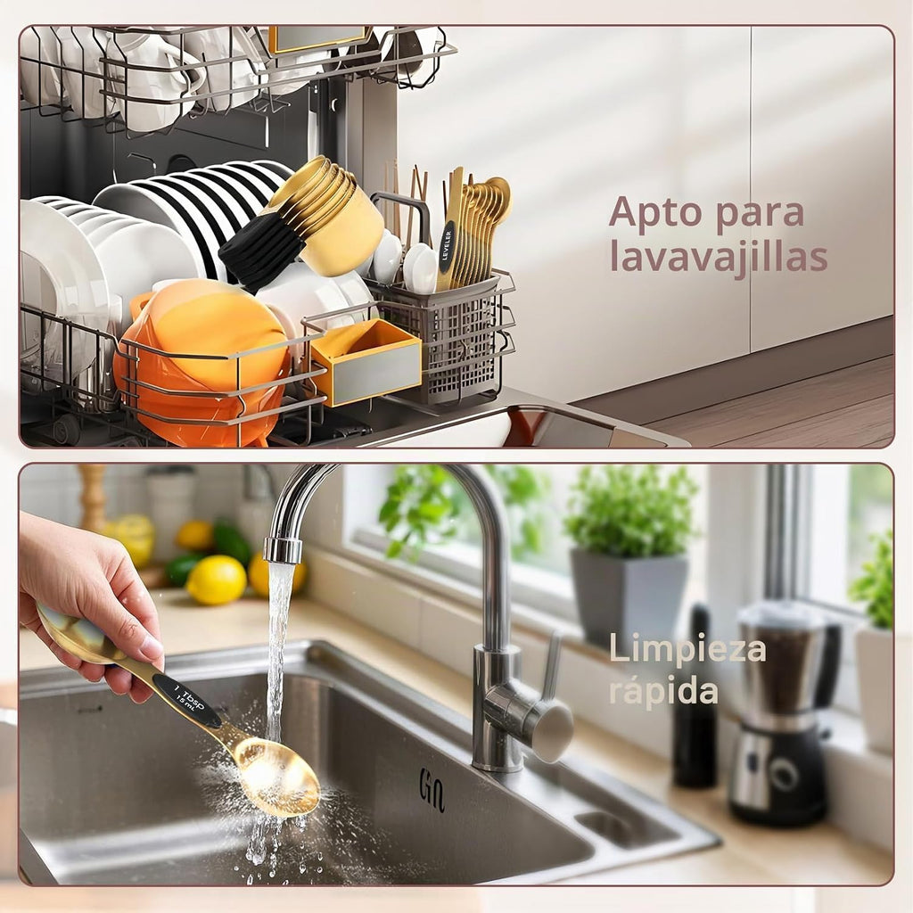 Juego de tazas y cucharas medidoras de acero inoxidable de 16 piezas, fuerte diseño de anidación magnética, 7 tazas, 8 cucharas con nivelador, marcas de medición dobles para ingredientes secos y
