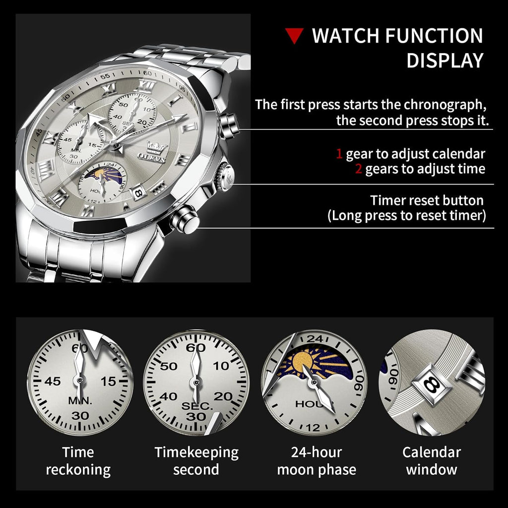 OLEVS Reloj para hombres, cuarzo, acero inoxidable, vestir, impermeable, luminoso