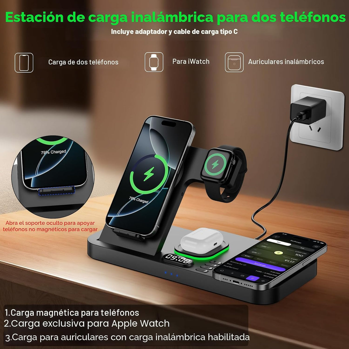 Estación de carga inalámbrica plegable del teléfono dual para el uso de Apple, de la pareja y de la familia