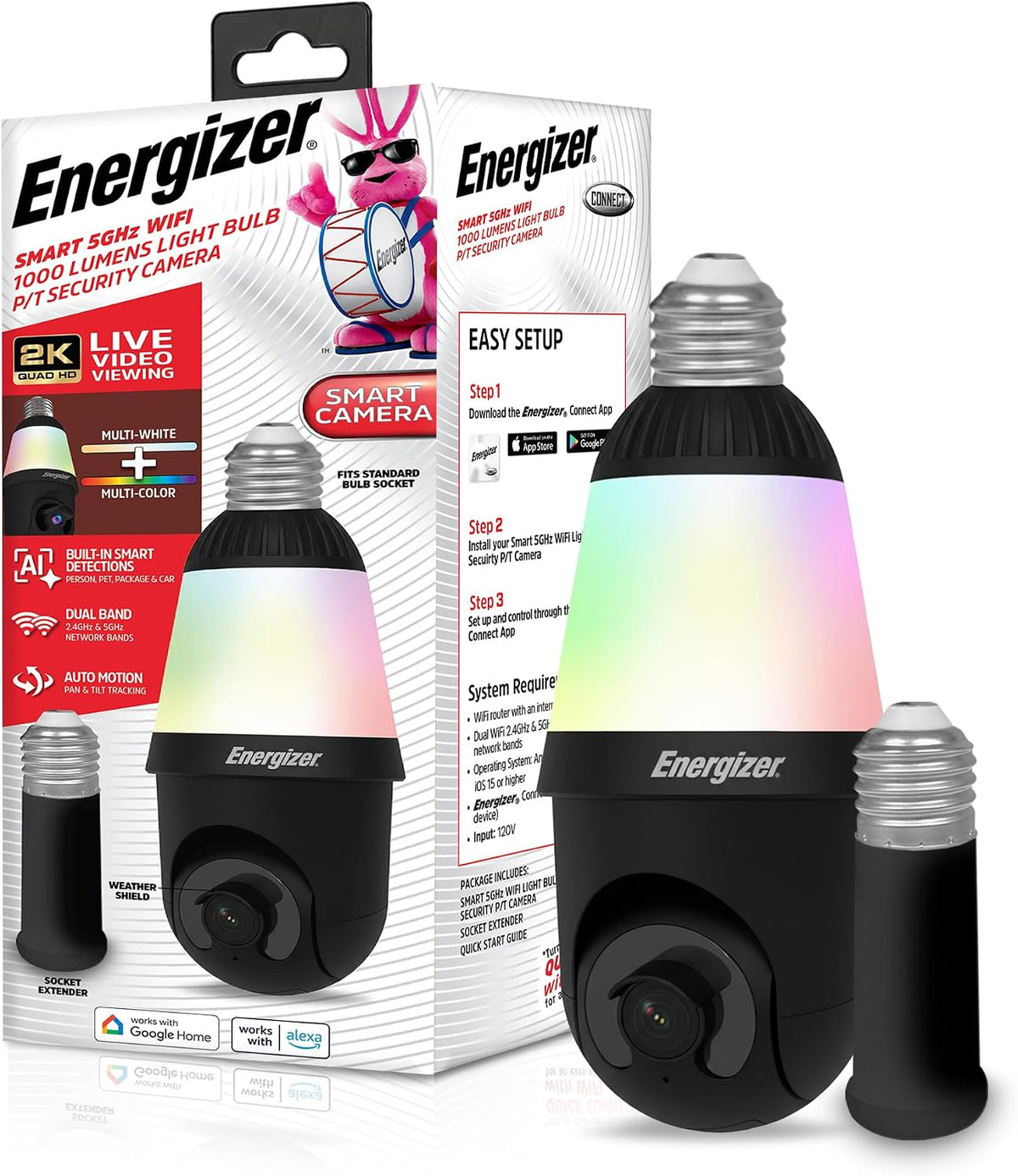 Energizer Cámara de seguridad inteligente con bombilla 2K, luz LED de 1000 lúmenes, cámara de enchufe Wi-Fi 5G y 2.4G para exteriores, seguimiento automático de inclinación panorámica, (negro
