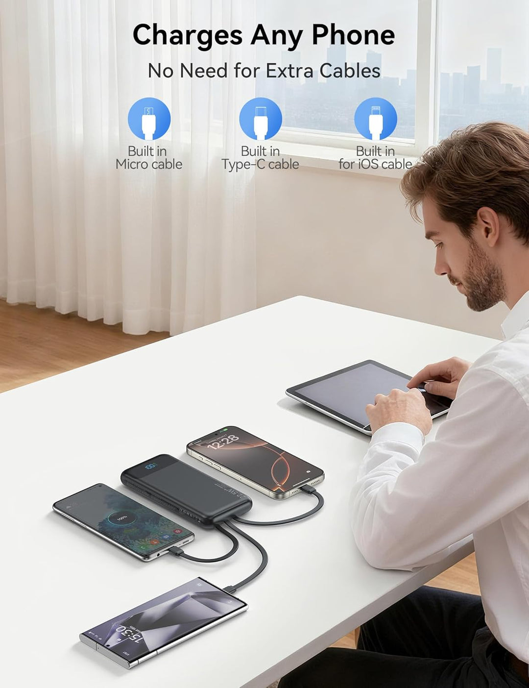 Cargador portátil de 10000 mAh integrado con 4 cables, cargador de...