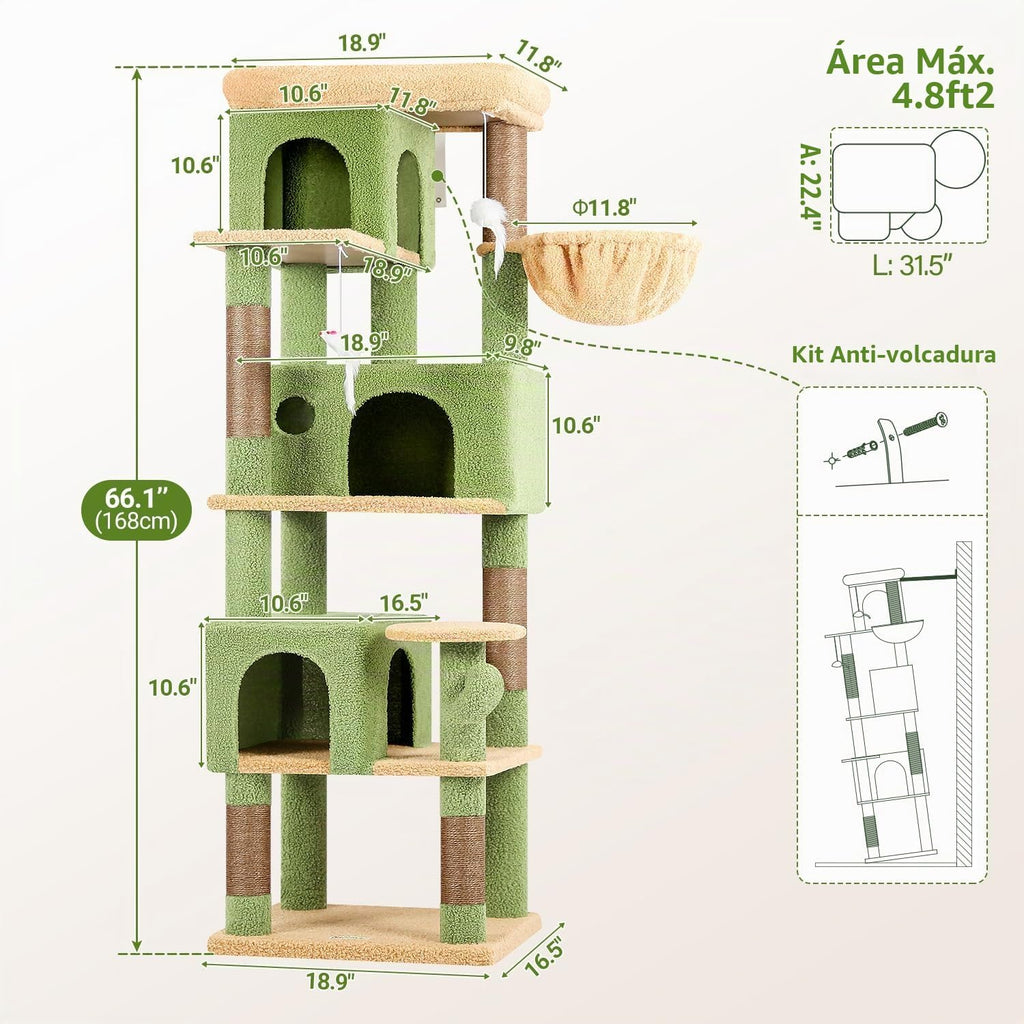 Globlazer Árbol de Gato de Cactus en Esquina de 66 Pulgadas, Torre de Escalada de Cactus de Varios Niveles, Condos para Gatitos, Torre de Rascado para Gatos de Interior para Múltiples Gatos con
