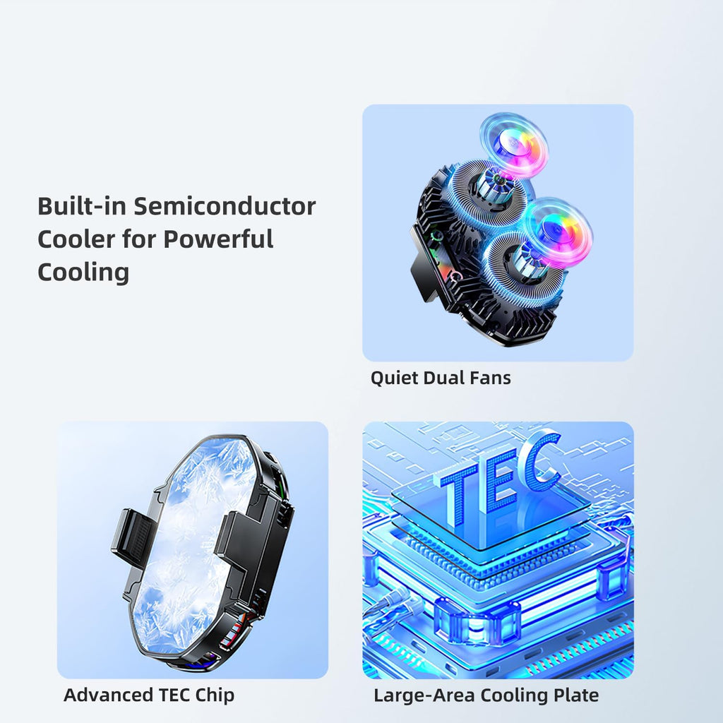 Abrazadera universal para teléfono dual con refrigeradores semiconductores, clip de banco de energía y cómodo trípode de agarre manual para transmisión en vivo extendida de mano o estacionaria