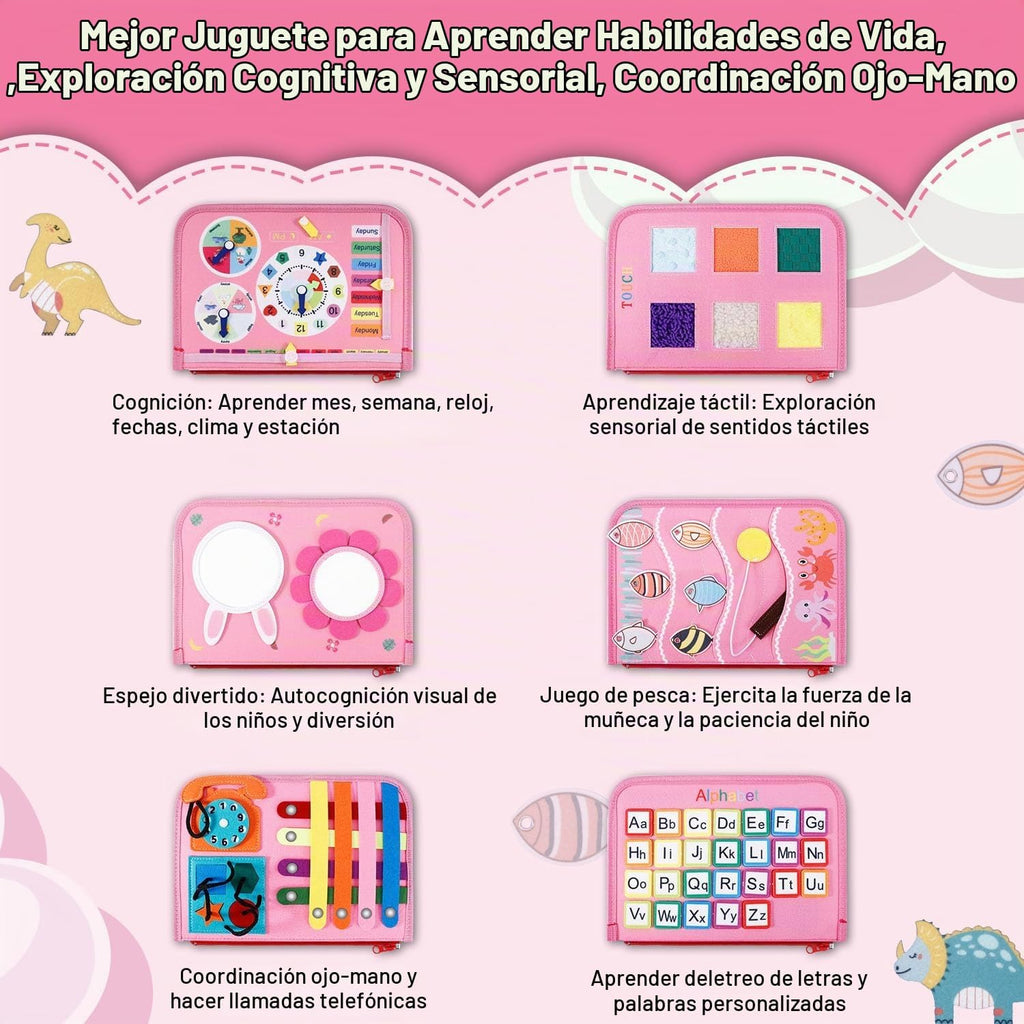 Tabla de actividades de viaje, juguete sensorial de viaje, regalos para niñas y niños, juguetes Montessori para aprender habilidades motoras finas, actividades educativas, libro ocupado para avión (rosa)
