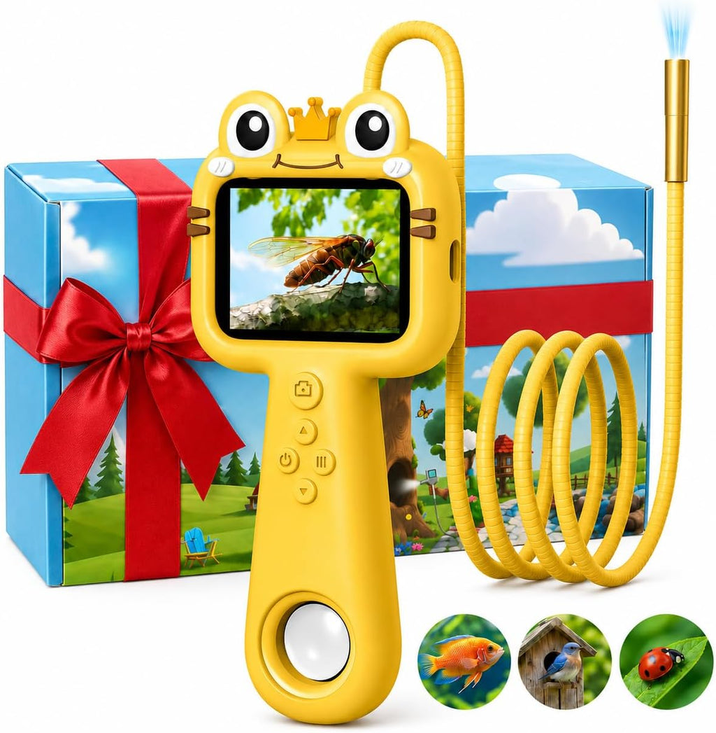 Cámara de boroscopio de juguete para niños, juguete educativo STEM Science al aire libre para niños de 4, 5, 6, 7, 8, 9, 10 años, regalo de cumpleaños, cámara infantil de 2.4 pulgadas para aventuras al aire libre y descubrimiento de la naturaleza (amarill
