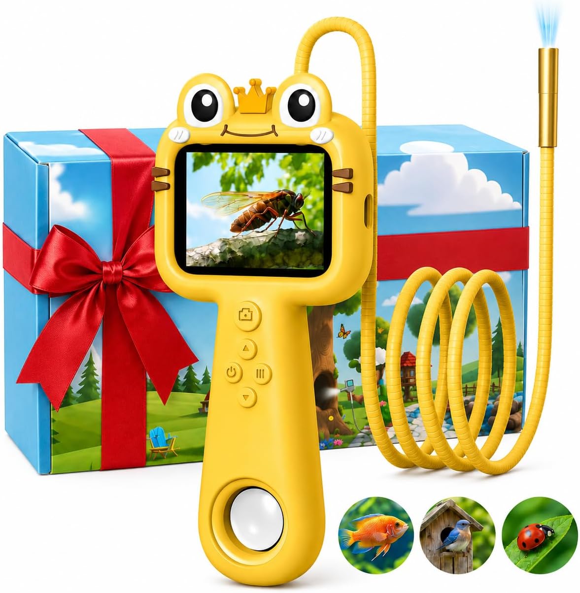Cámara de boroscopio de juguete para niños, juguete educativo STEM Science al aire libre para niños de 4, 5, 6, 7, 8, 9, 10 años, regalo de cumpleaños, cámara infantil de 2.4 pulgadas para aventuras al aire libre y descubrimiento de la naturaleza (amarill