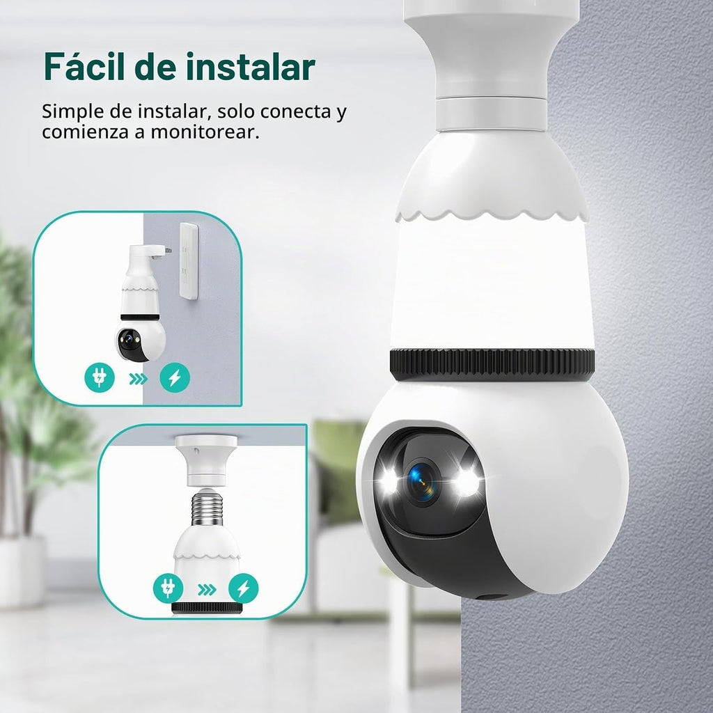 Lámpara Hawkray - Cámara de seguridad con bombilla de luz, paquete de 2, WiFi de doble banda de 2.4 GHz y 5 GHz, visión nocturna a todo color 2K, cámara inalámbrica de inclinación panorámica de 360° para