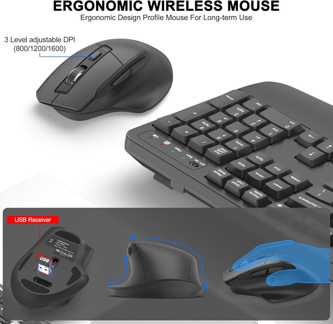 Combo de teclado y mouse inalámbricos, teclado ergonómico de tamaño...