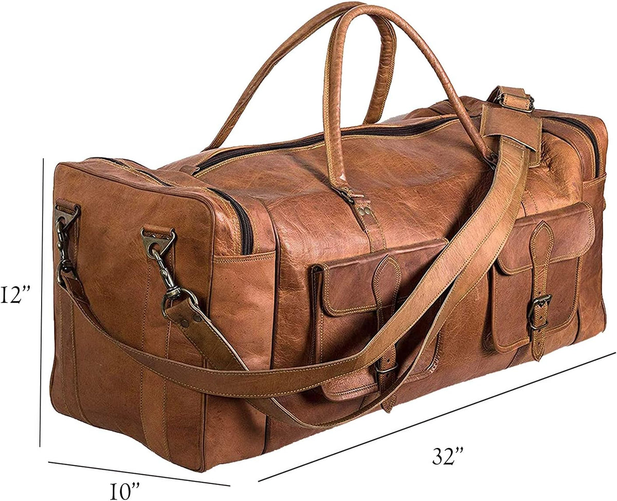 Bolsa de lona de cuero Komal's Passion Leather, grande de 32 pulgadas, para viaje, gimnasio, deporte, fin de semana, para pasar la noche, Marrón, Deportivo