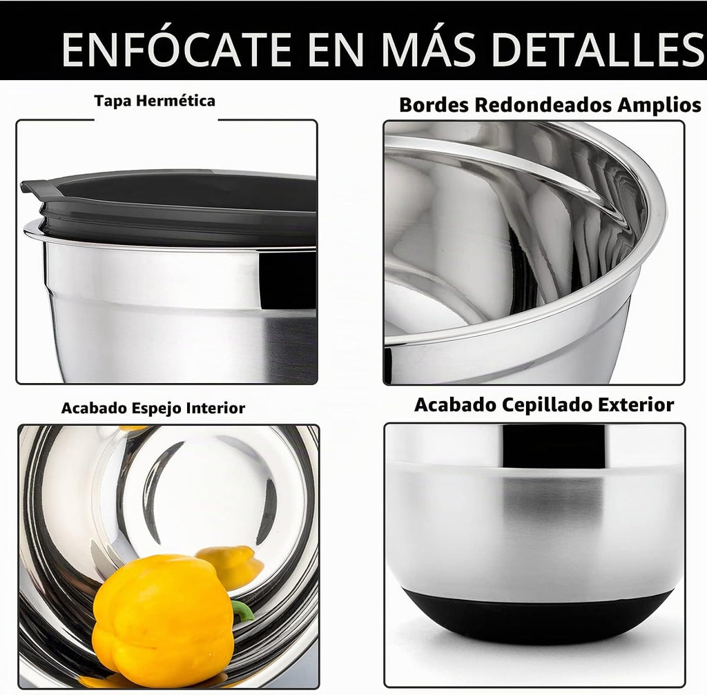 P&P CHEF Juego de 6 cuencos de acero inoxidable con tapas, color negro