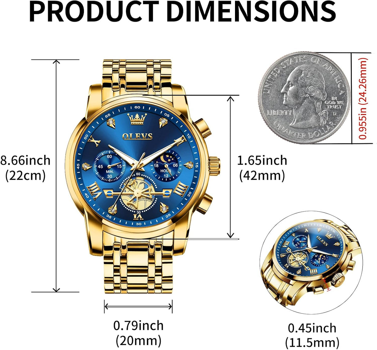OLEVS Reloj de caballero lujo cronógrafo acero inoxidable pulsera vestimenta impermeable reloj analógico de cuarzo gran esfera luminosa