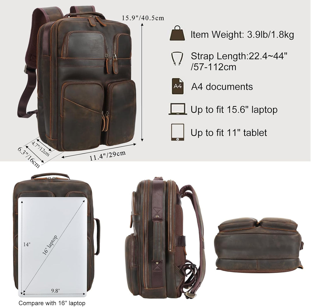 TIDING Mochila para portátil de cuero de grano completo de 17.3 pul...