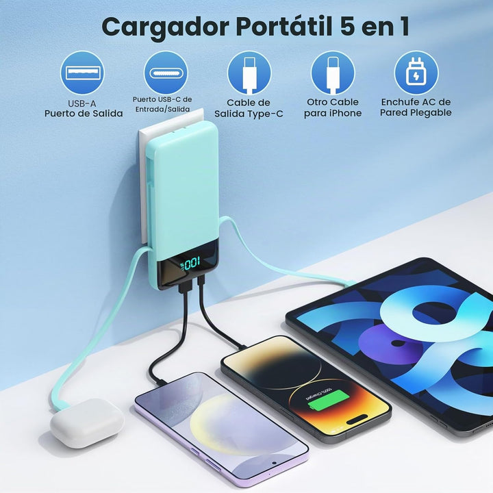 Cargador portátil para iPhone con cables integrados y enchufe de pa...