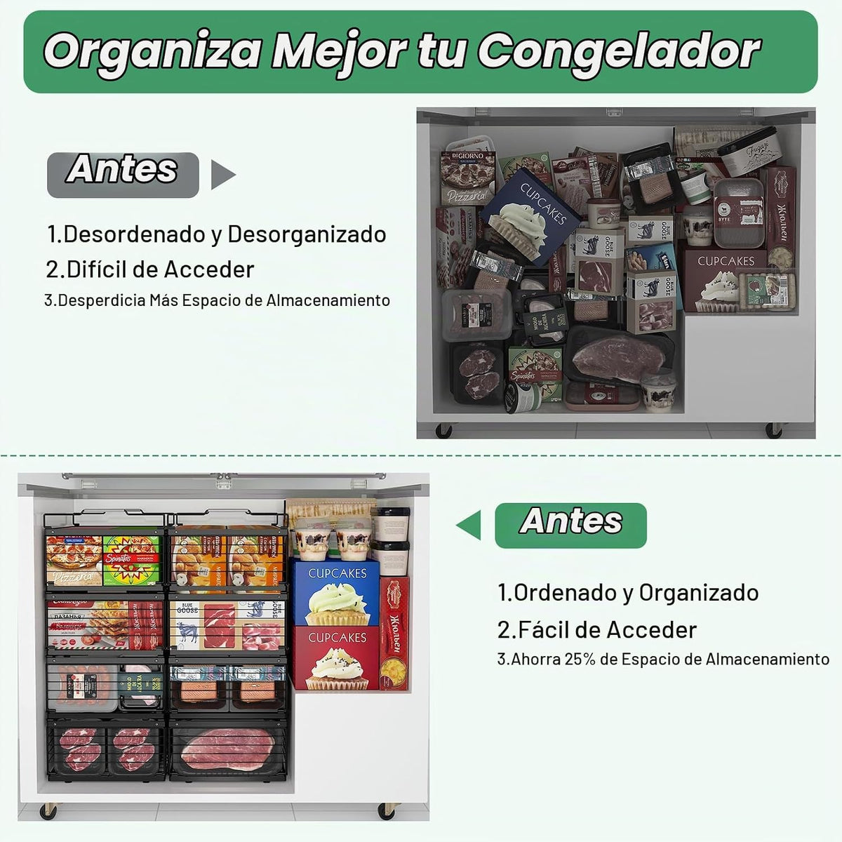 ADRIMER Contenedores organizadores para congelador, 4 paquetes plegables y apilables con longitud ajustable de 11 a 17.3 pulgadas, cestas de almacenamiento de alambre de metal para congelador vertical