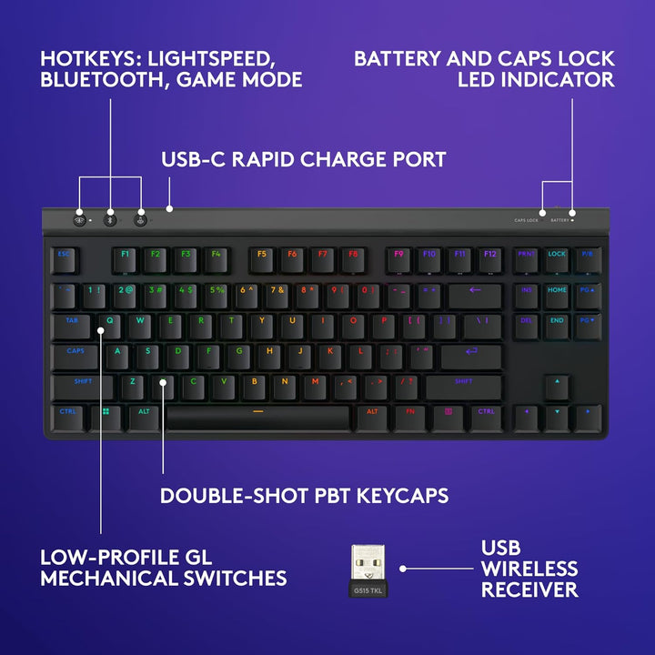 Logitech G515 Teclado inalámbrico para juegos TKL, LIGHTSYNC RGB, d...