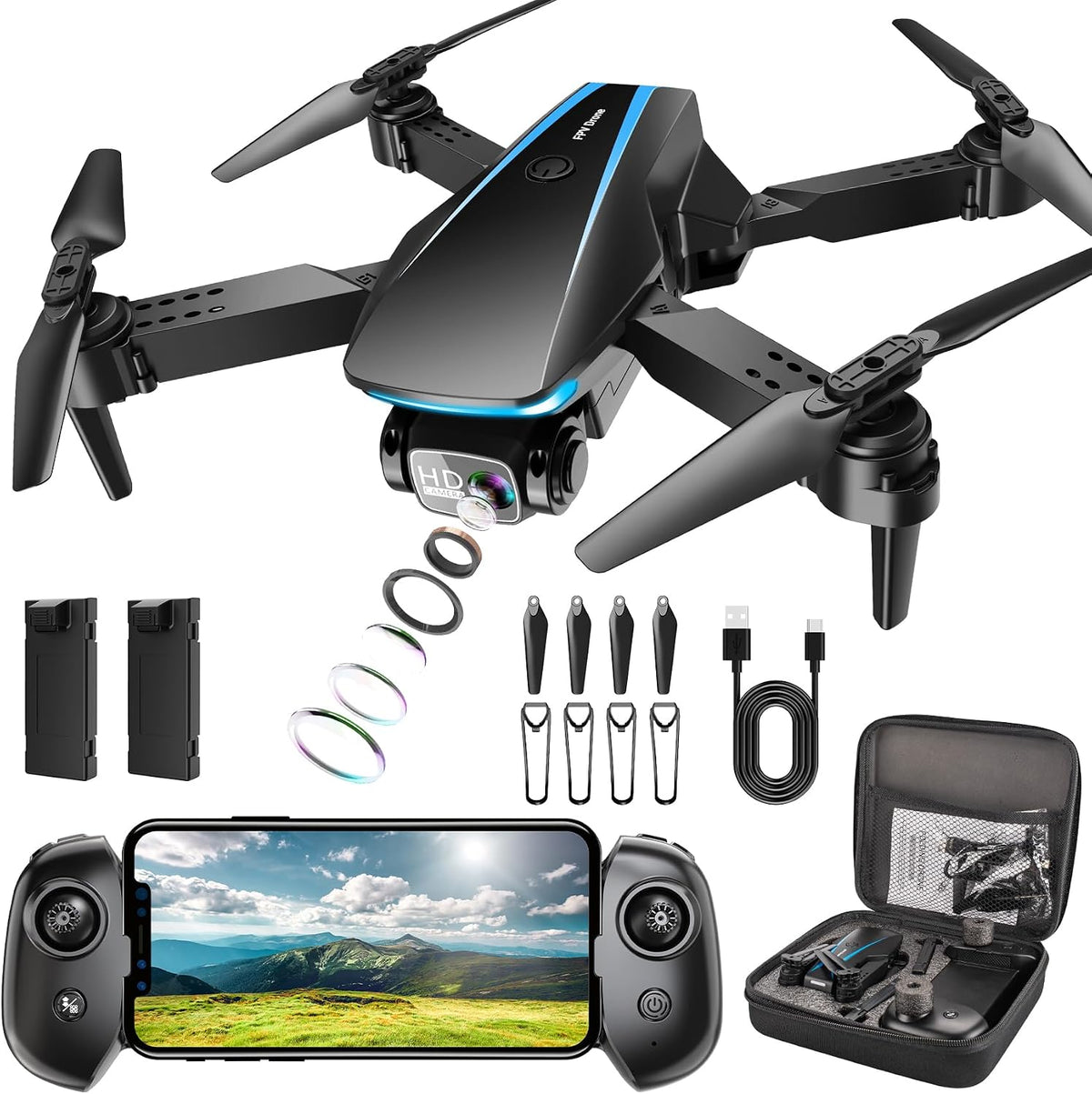 Oddire Dron con cámara – Drones 1080P para adultos con trayectoria de vuelo, control de gravedad, despegue/tierra de una tecla, giro 3D, dron plegable con vuelo estable, funda de transporte, 2
