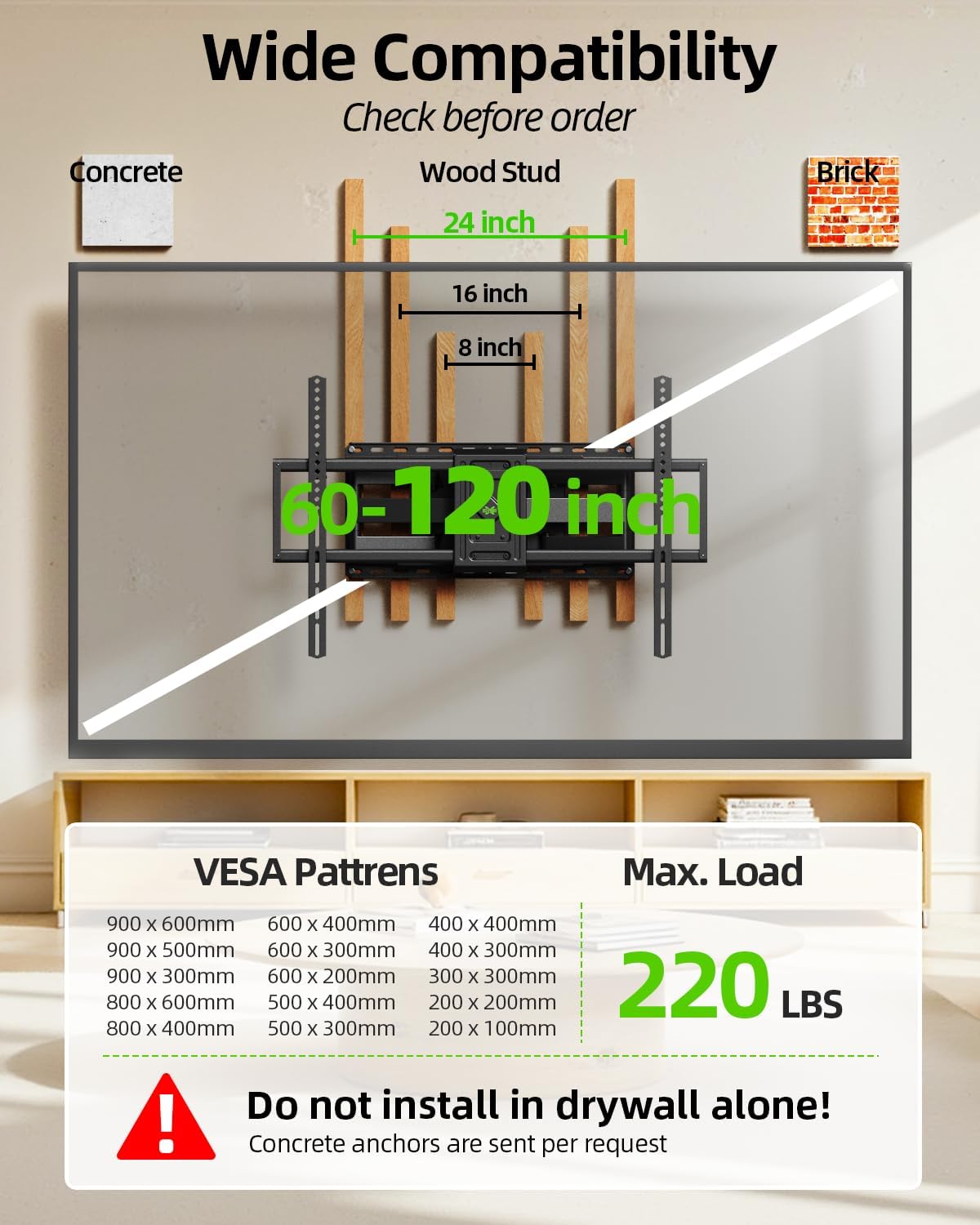 USX MOUNT Soporte de pared de TV de movimiento completo resistente para televisores de 60 a 120 pulgadas, soporta 220 libras, soporte de pared de extensión de 28 pulgadas