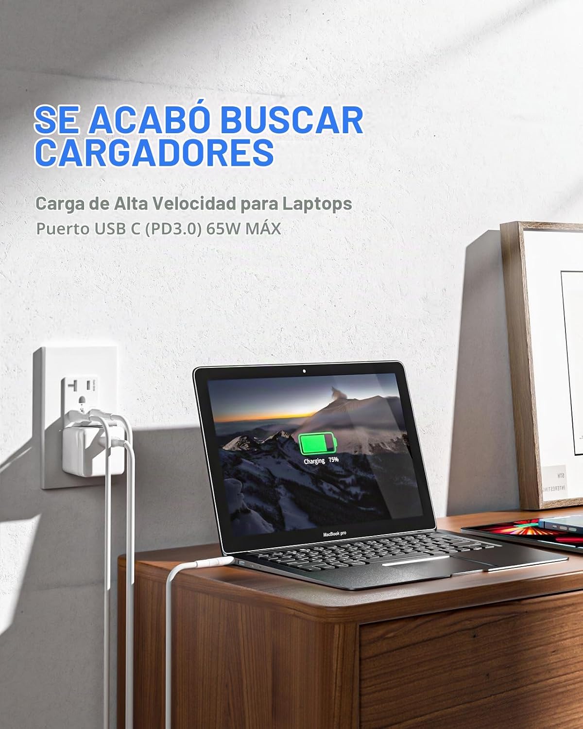 GaN - Toma de pared USB de 65 W, 6 amperios, 2 puertos, receptáculo resistente a manipulaciones de 20 amperios con 1 puerto USB tipo C y 1 puerto tipo A, cargador USB para laptop USB-C