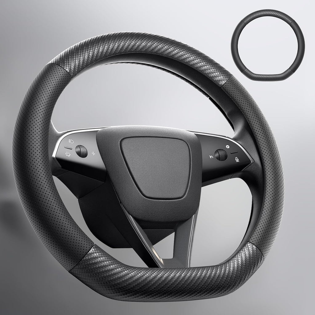 Wigoo Funda para volante para accesorios de 25 a 26 modelos Y/24-26 Modelo 3, forma D para Tesla Model Y Juniper y Model 3 Highland Premium Nappa con cuero de fibra de carbono para agarre