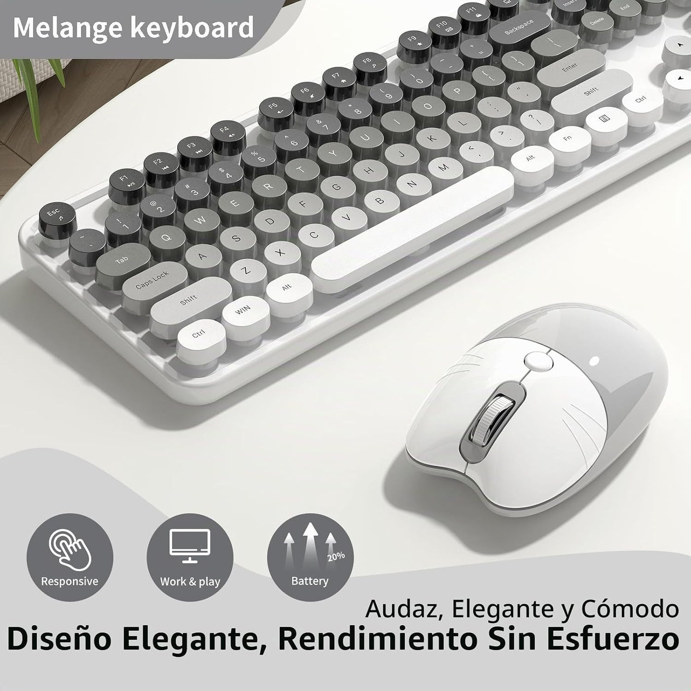 Teclado y ratón inalámbricos cremosos, MOFII 104 teclas redondas de...