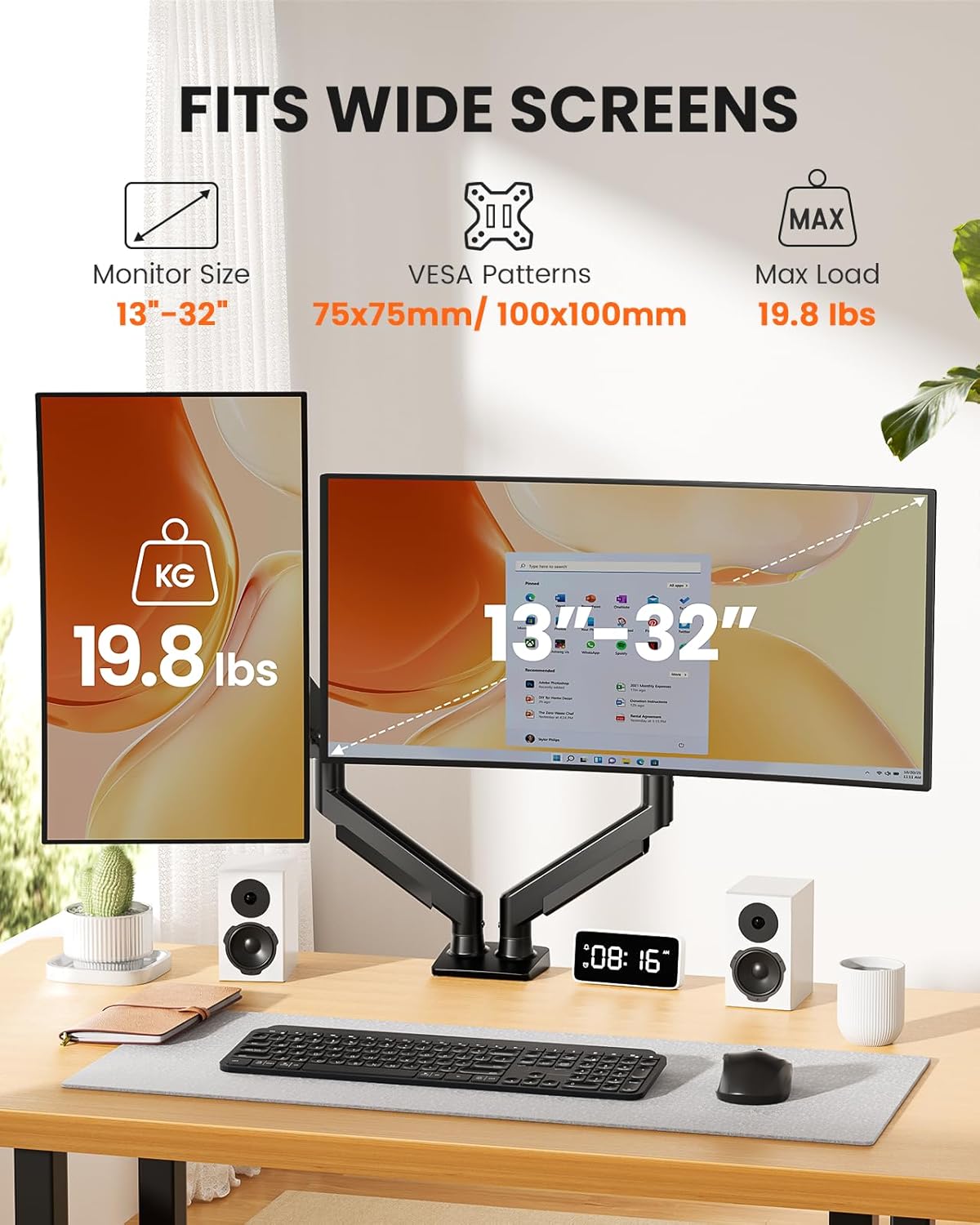 ErGear Brazo de monitor doble, soporte de monitor ajustable completo para pantallas de 13 a 32 pulgadas, soporte de monitor de computadora de instalación rápida con montaje VESA sin herramientas