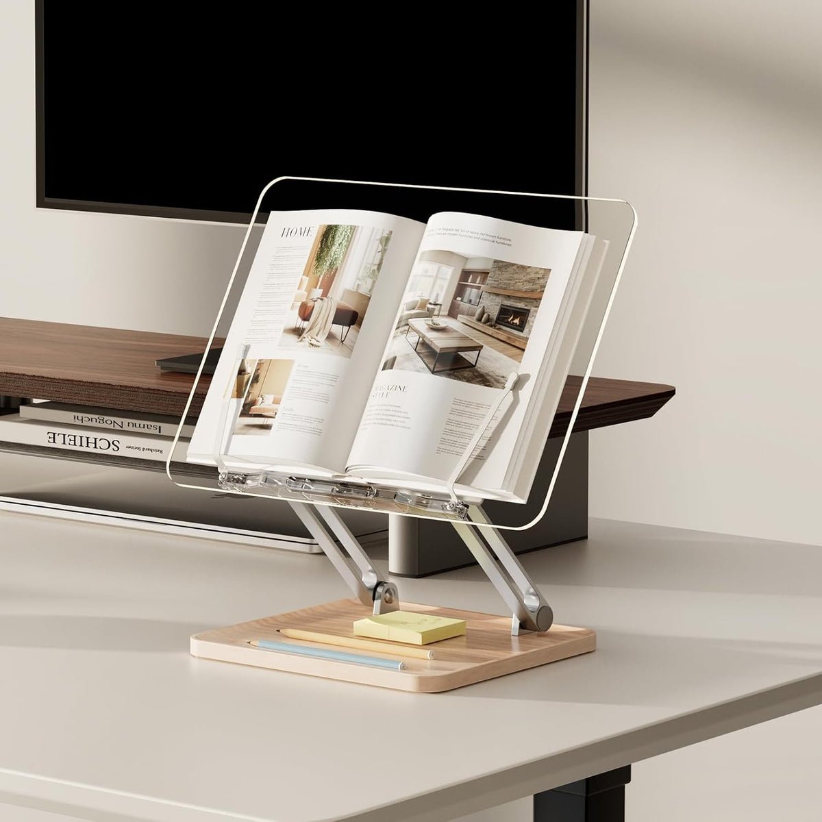 Soporte de acrílico ajustable para lectura, soporte para libros con ranura para bolígrafo, elevador de escritorio plegable para laptop, receta, libro de texto, manos libres, soporte para libros de