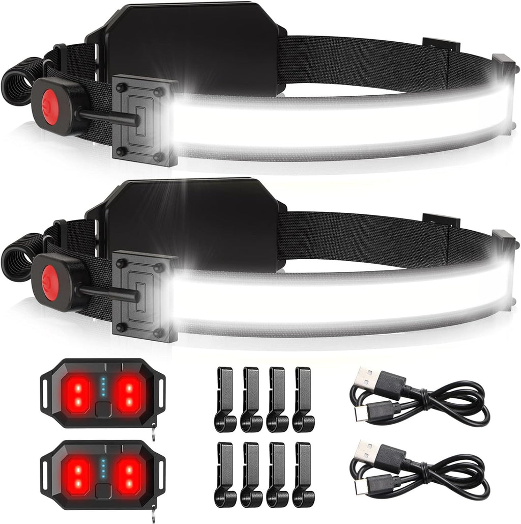 Faro LED recargable por USB, 1000 lúmenes, 230°, haz ancho con luz trasera roja, luz de diadema súper brillante, faros impermeables para camping, senderismo, casco duro, paquete de 2