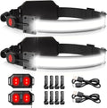 Faro LED recargable por USB, 1000 lúmenes, 230°, haz ancho con luz trasera roja, luz de diadema súper brillante, faros impermeables para camping, senderismo, casco duro, paquete de 2