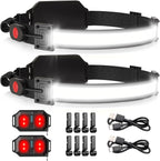 Faro LED recargable por USB, 1000 lúmenes, 230°, haz ancho con luz trasera roja, luz de diadema súper brillante, faros impermeables para camping, senderismo, casco duro, paquete de 2