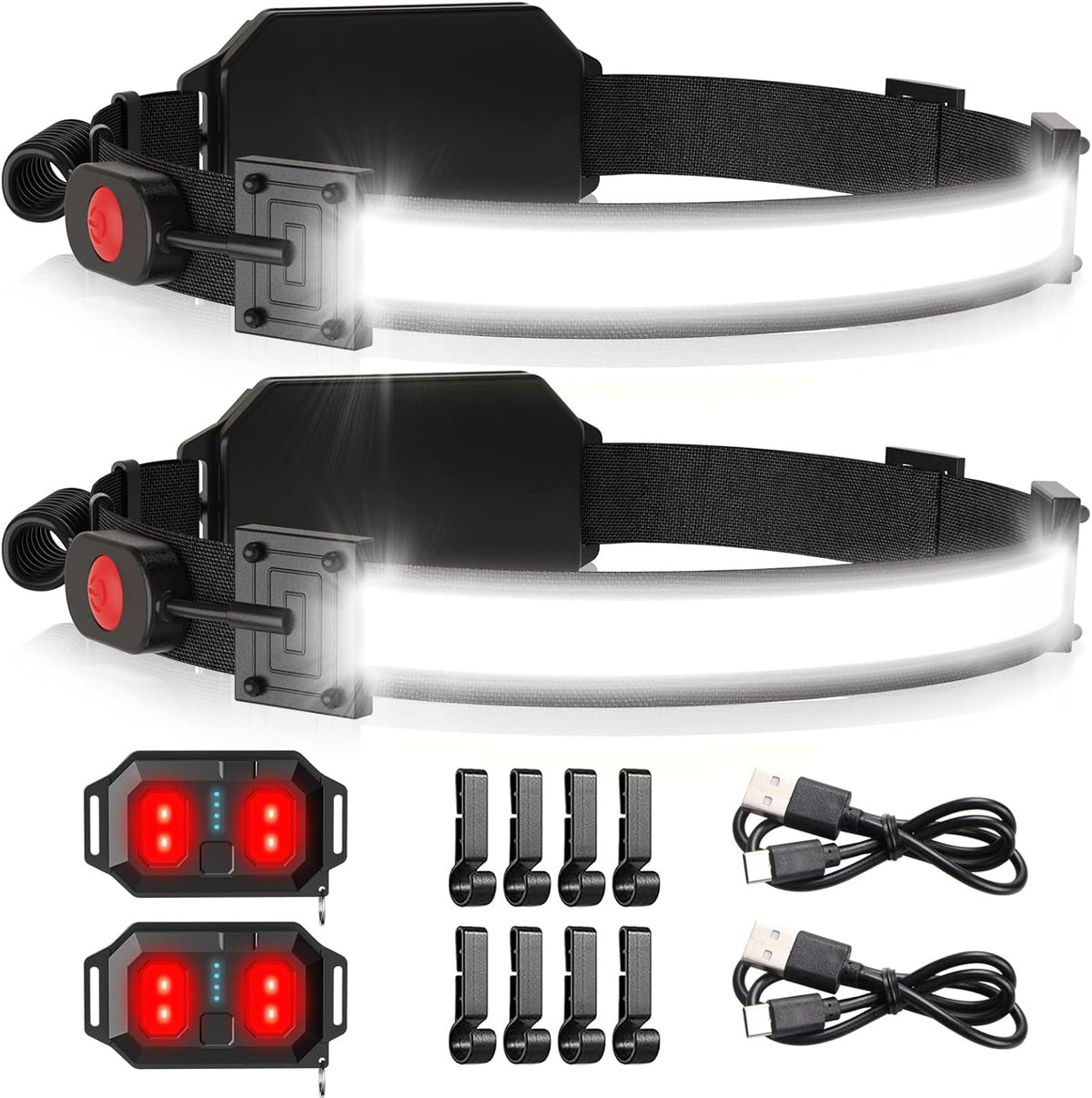 Faro LED recargable por USB, 1000 lúmenes, 230°, haz ancho con luz trasera roja, luz de diadema súper brillante, faros impermeables para camping, senderismo, casco duro, paquete de 2