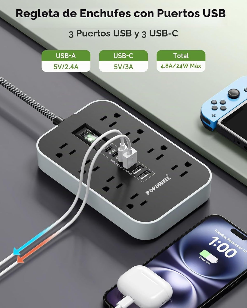 Protector de sobretensiones de regleta de alimentación: cable de extensión de enchufe plano de 5 pies, 8 salidas de CA y 6 puertos USB (3 USB C), protección contra sobretensiones 1080 J, estación de