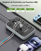 Protector de sobretensiones de regleta de alimentación: cable de extensión de enchufe plano de 5 pies, 8 salidas de CA y 6 puertos USB (3 USB C), protección contra sobretensiones 1080 J, estación de