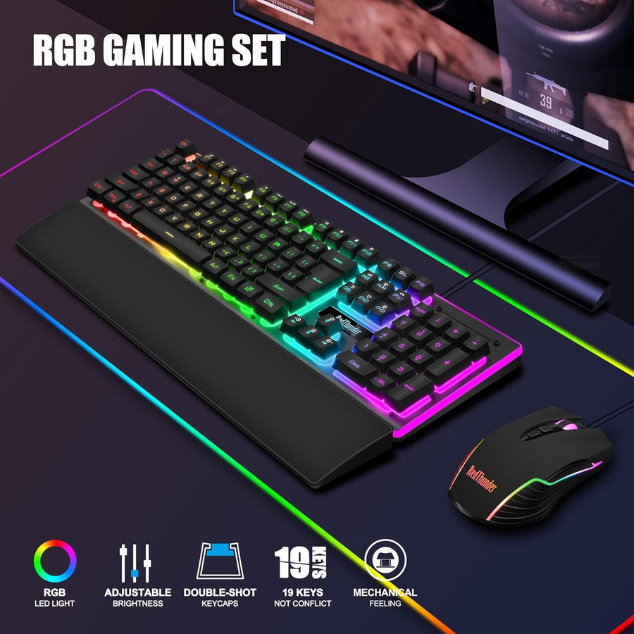 RedThunder K10 - Juego de teclado y mouse y reposamuñecas con cable...