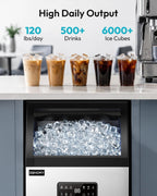 EUHOMY Máquina de hielo comercial, 120 libras/24 horas, máquina de hielo de acero inoxidable debajo del mostrador con filtro de agua, capacidad de almacenamiento de 33 libras, 45 cubos en 8-12 minutos