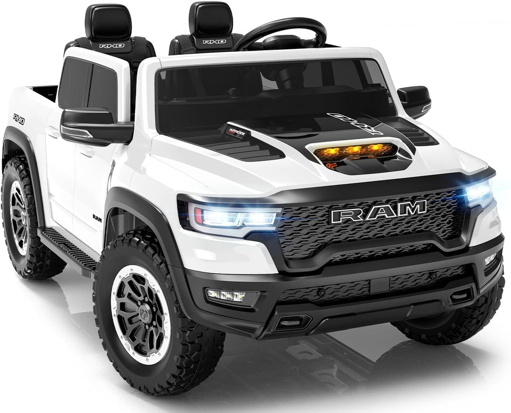First Ride On - Auto eléctrico de 2 plazas para niños, con licencia RAM 1500 RHO 24V con control remoto, juguetes de paseo para niños con Bluetooth, luces LED, espaciosa cama de camión, palanca de