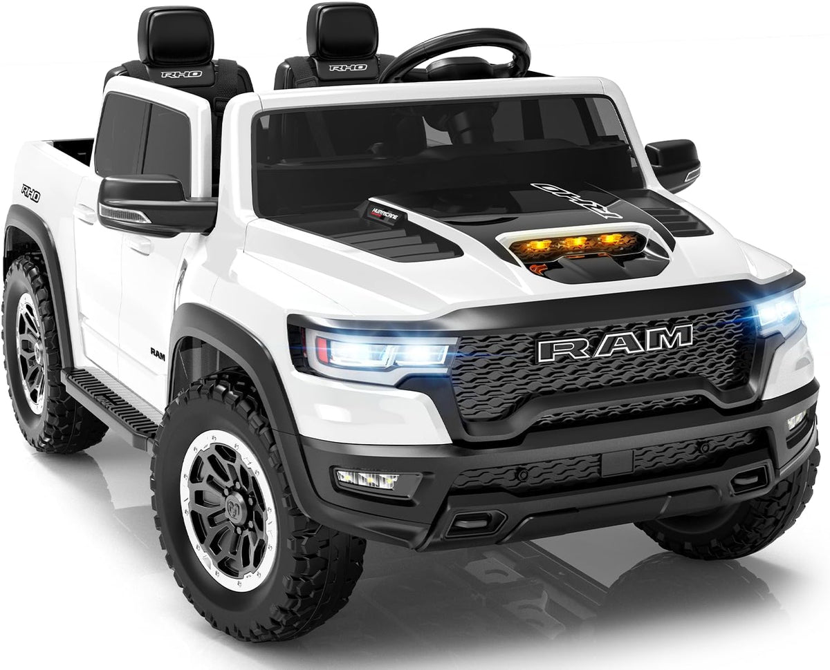 First Ride On - Auto eléctrico de 2 plazas para niños, con licencia RAM 1500 RHO 24V con control remoto, juguetes de paseo para niños con Bluetooth, luces LED, espaciosa cama de camión, palanca de