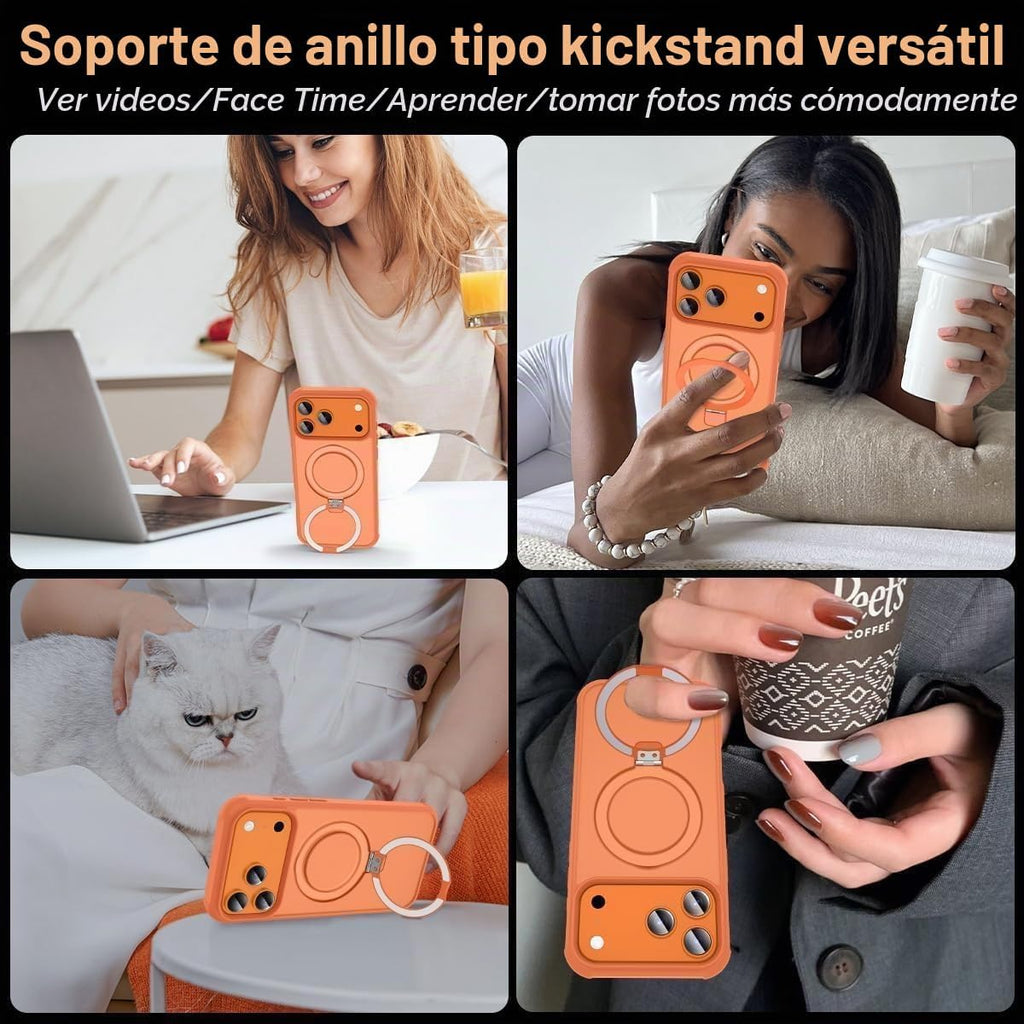 Funda magnética compatible con iPhone 17 Pro con soporte, prueba de caídas de grado militar, compatible con imán, anillo translúcido, parte trasera dura, borde suave, color naranja cósmico