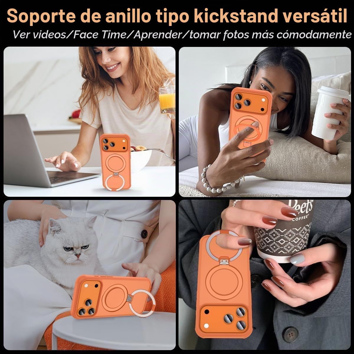 Funda magnética compatible con iPhone 17 Pro con soporte, prueba de caídas de grado militar, compatible con imán, anillo translúcido, parte trasera dura, borde suave, color naranja cósmico