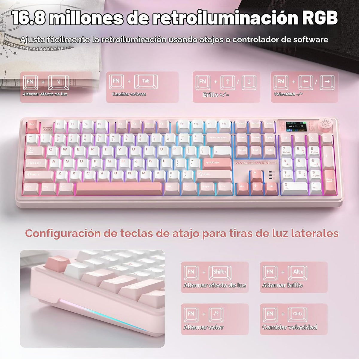 LINGBAO K108 Pro Teclado mecánico inalámbrico cremoso rosa con tecl...