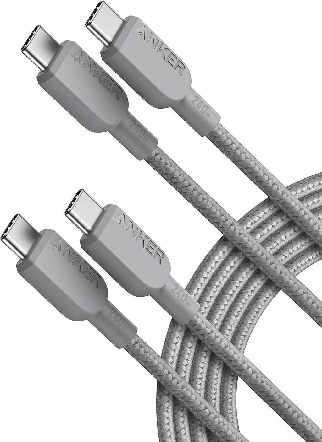 Anker Cable USB C a USB C, cable de carga rápida de 240 W (paquete de 2, 10 pies, gris)