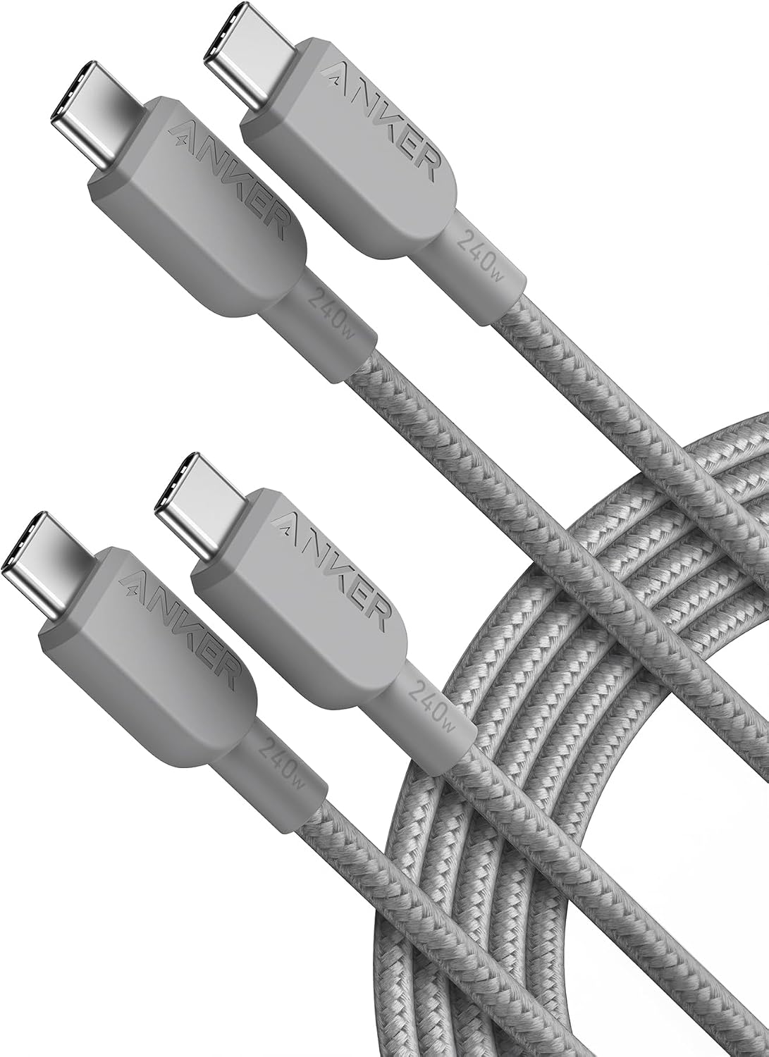 Anker Cable USB C a USB C, cable de carga rápida de 240 W (paquete de 2, 10 pies, gris)