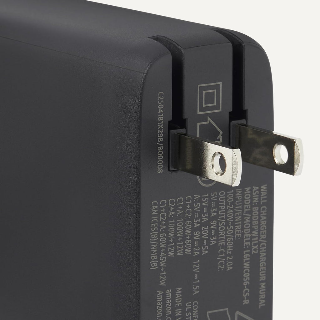 Amazon Basics Cargador de pared USB-C Nano GaN de carga rápida de 120 W, 3 puertos para portátiles, tabletas, teléfonos, tamaño compacto para viajes, negro