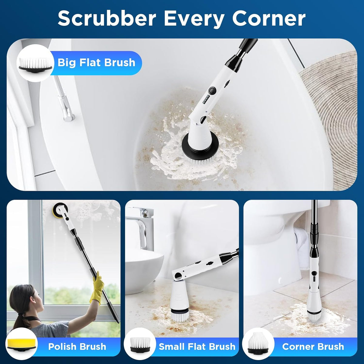 Limpiador eléctrico giratorio, limpiador de baño, cepillo de limpieza de ducha eléctrico con mango extensible y 4 cabezales de cepillo, limpiador de ducha para bañera, azulejos, lechada, cocina