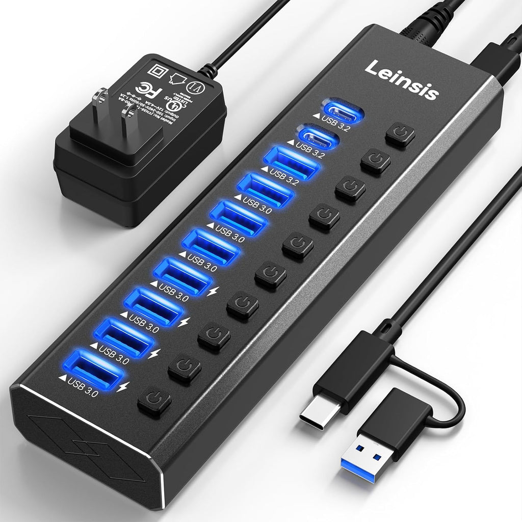 Leinsis, KZW-U10217B, hub USB 3.2 de 10 puertos, alimentado