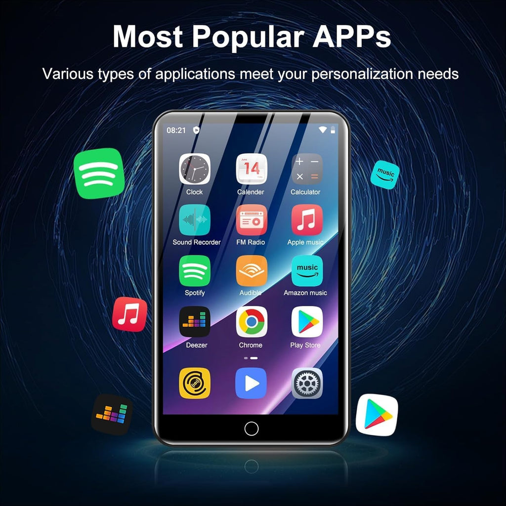 Reproductor MP3 de 80GB con Bluetooth 5.0 y WiFi, reproductor de música Android con Spotify y Amazon Music, reproductor de alta fidelidad con pantalla táctil HD de 4.0", compatible con expansión de 1TB, reproductor de video MP4