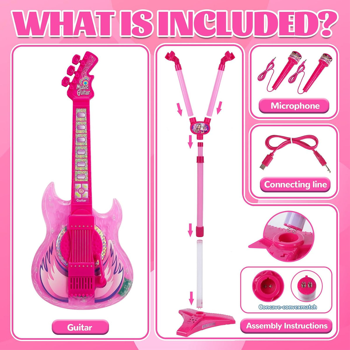 Juego de guitarra y micrófono para niños, 2 micrófonos amplificadores de voz con soporte brillante, juguete de música de karaoke con luz de escenario, regalo musical educativo para niños y niñas de 3